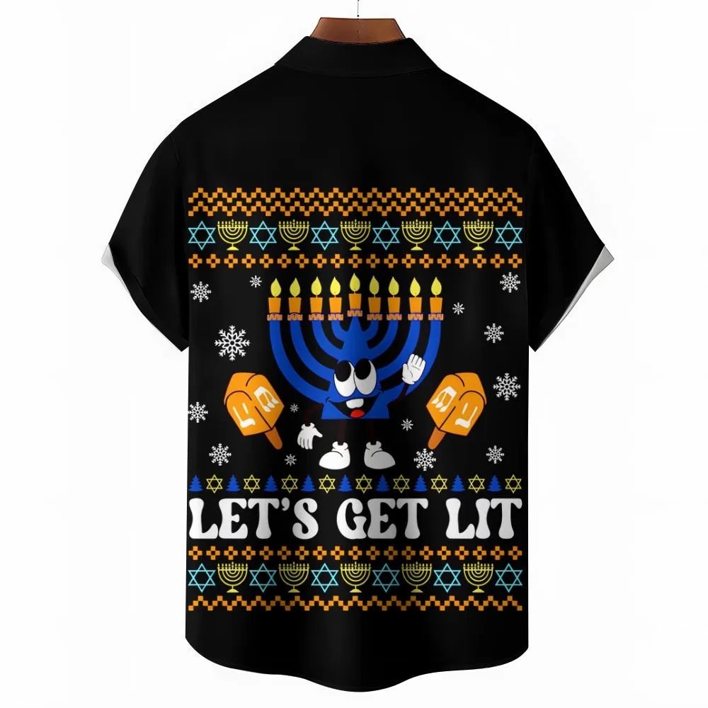 Happy Hanukkah Menorah Print Short Sleeve Shirt 2411011909