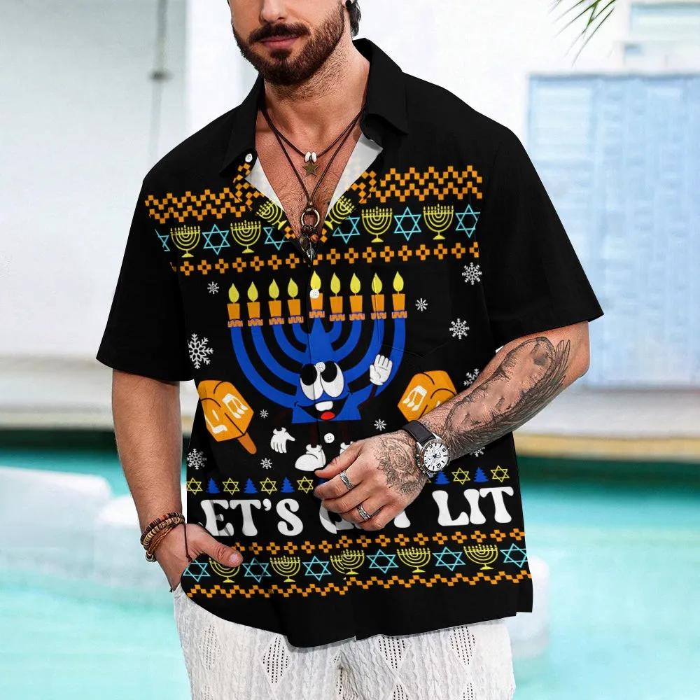 Happy Hanukkah Menorah Print Short Sleeve Shirt 2411011909