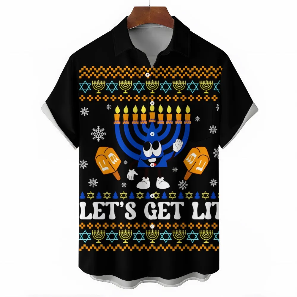 Happy Hanukkah Menorah Print Short Sleeve Shirt 2411011909
