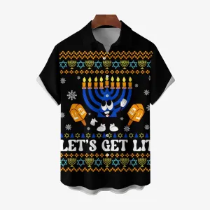Happy Hanukkah Menorah Print Short Sleeve Shirt 2411011909