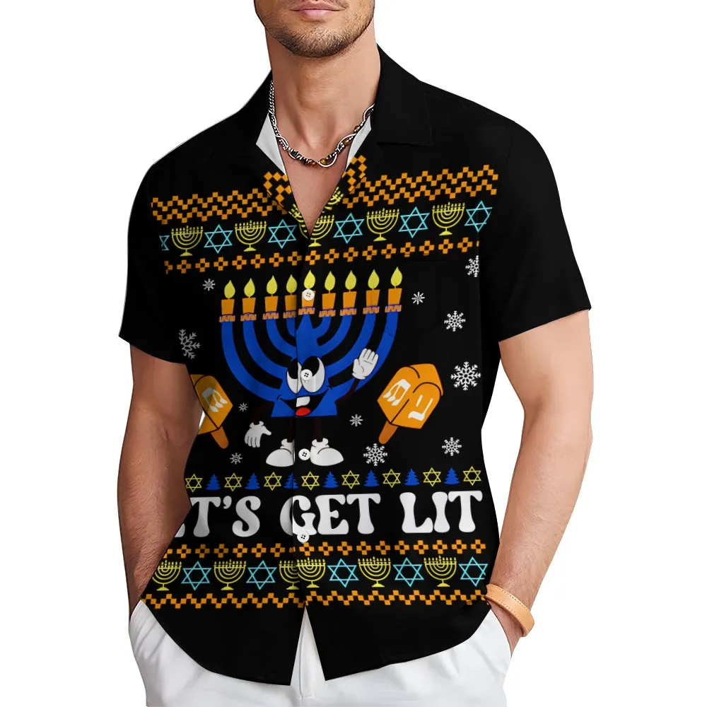 Happy Hanukkah Menorah Print Short Sleeve Shirt 2411011909