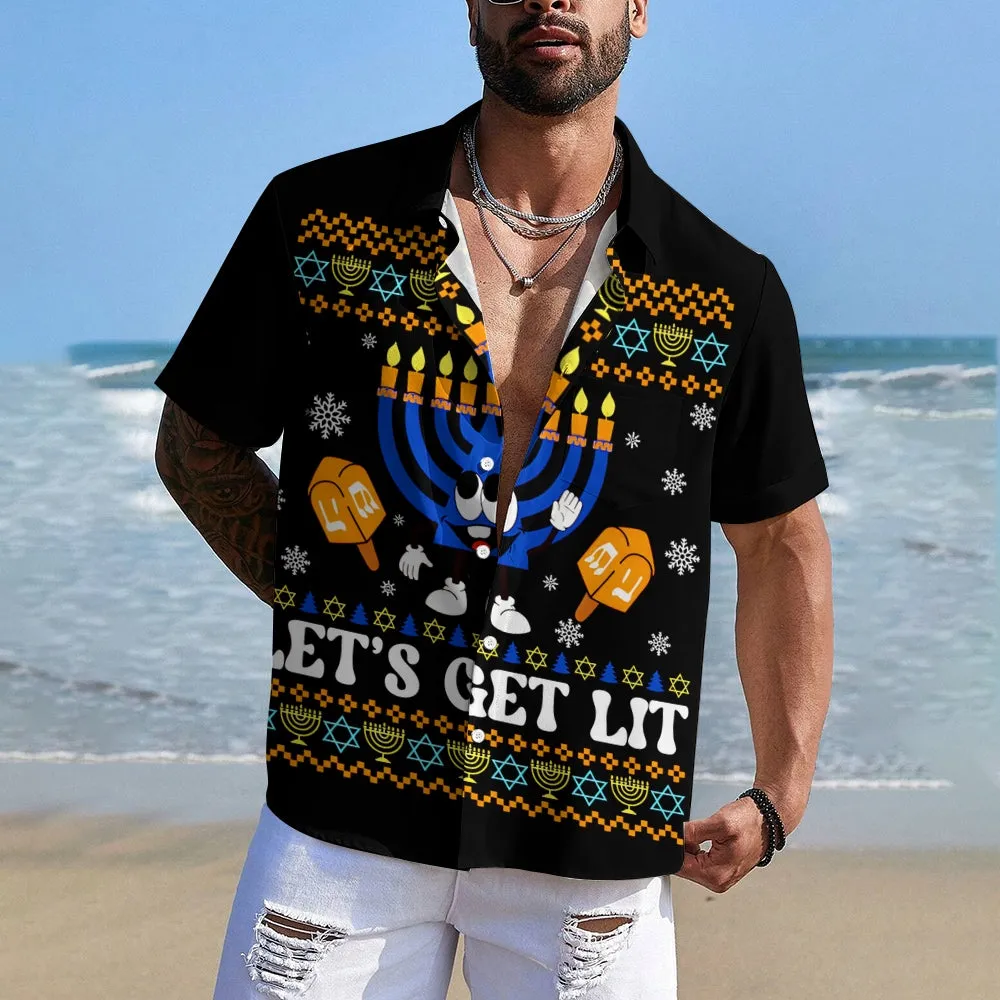 Happy Hanukkah Menorah Print Short Sleeve Shirt 2411011909