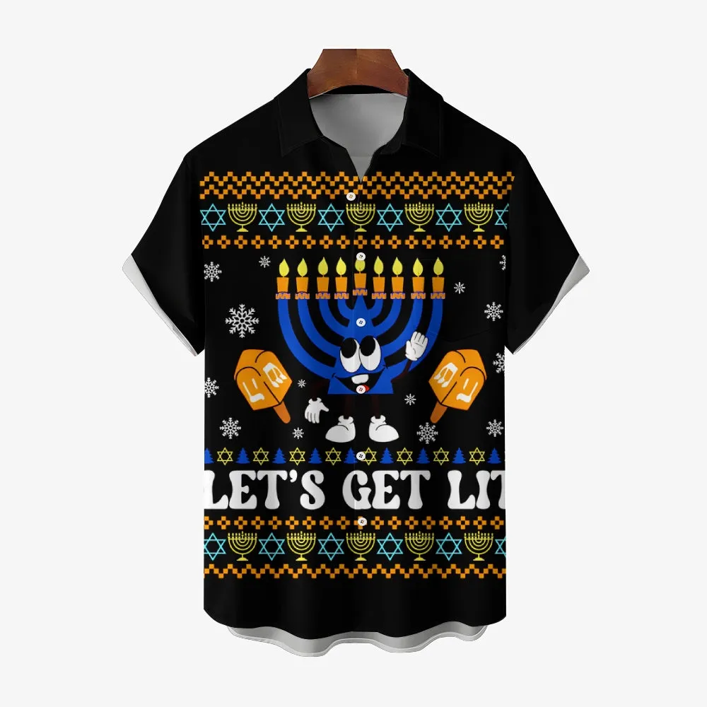 Happy Hanukkah Menorah Print Short Sleeve Shirt 2411011909