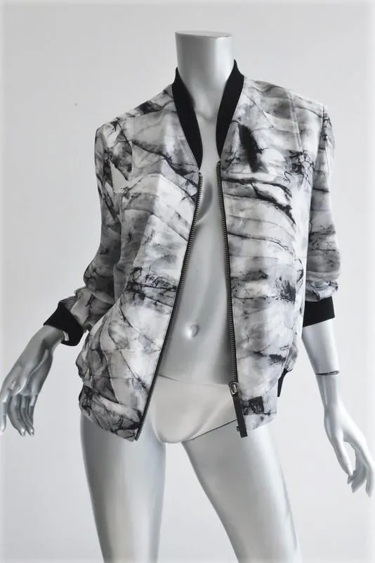 Helmut Lang Bomber Jacket Terrene White/Gray Printed Silk Size Petite