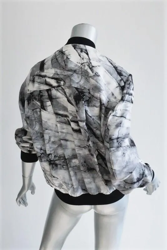 Helmut Lang Bomber Jacket Terrene White/Gray Printed Silk Size Petite