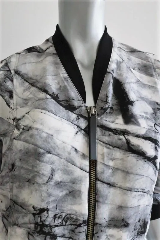 Helmut Lang Bomber Jacket Terrene White/Gray Printed Silk Size Petite