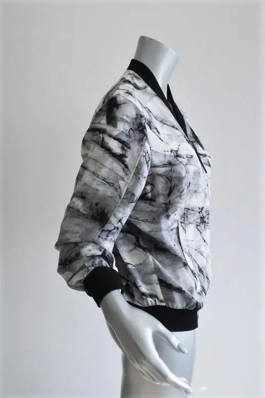 Helmut Lang Bomber Jacket Terrene White/Gray Printed Silk Size Petite