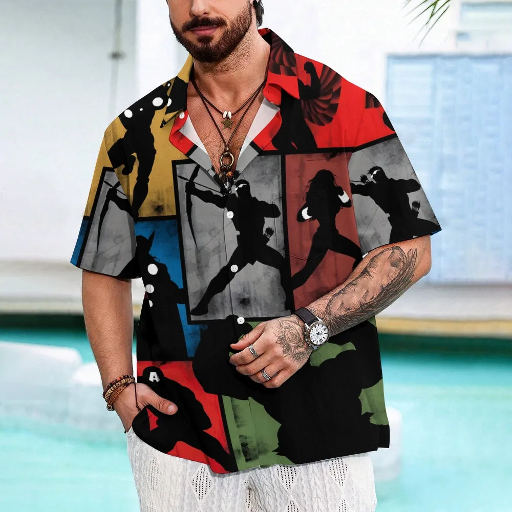 Hero Print Oversized Slub Linen Short Sleeve Shirt 2406000697