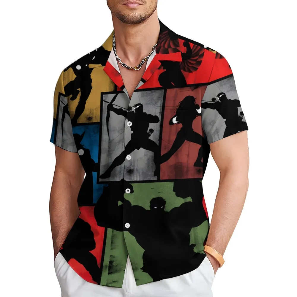 Hero Print Oversized Slub Linen Short Sleeve Shirt 2406000697