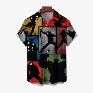 Hero Print Oversized Slub Linen Short Sleeve Shirt 2406000697