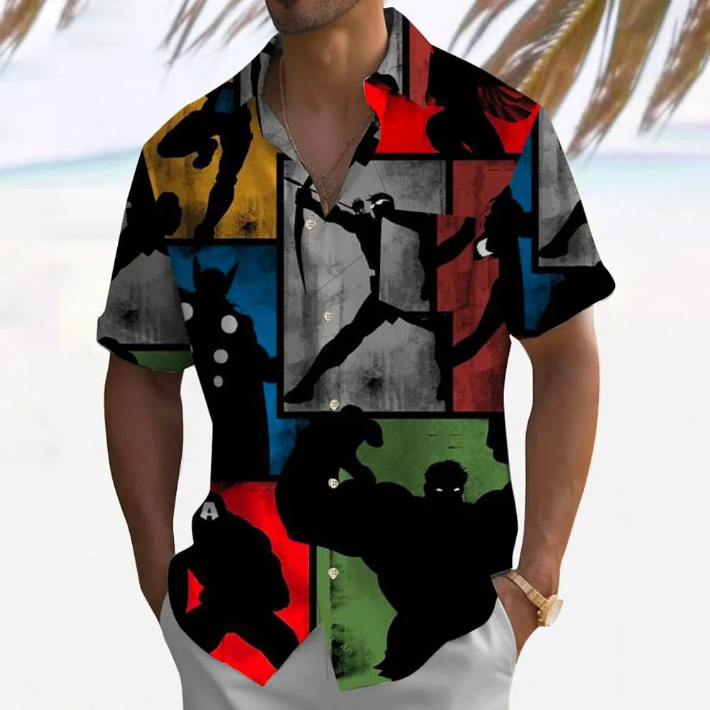 Hero Print Oversized Slub Linen Short Sleeve Shirt 2406000697