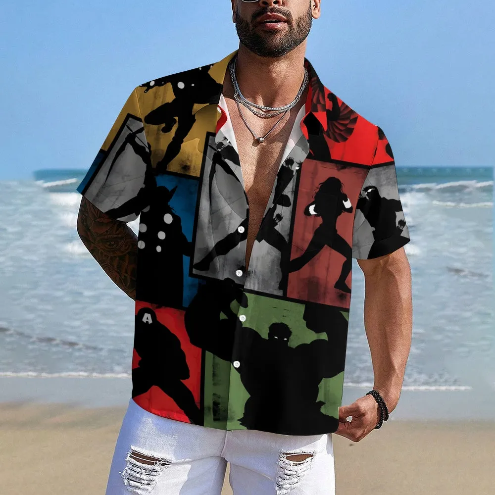 Hero Print Oversized Slub Linen Short Sleeve Shirt 2406000697