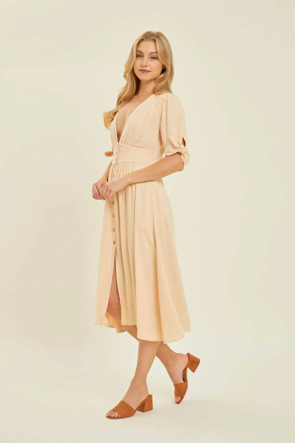 HEYSON Full Size Textured Linen V-Neck Button-Down Midi Dress