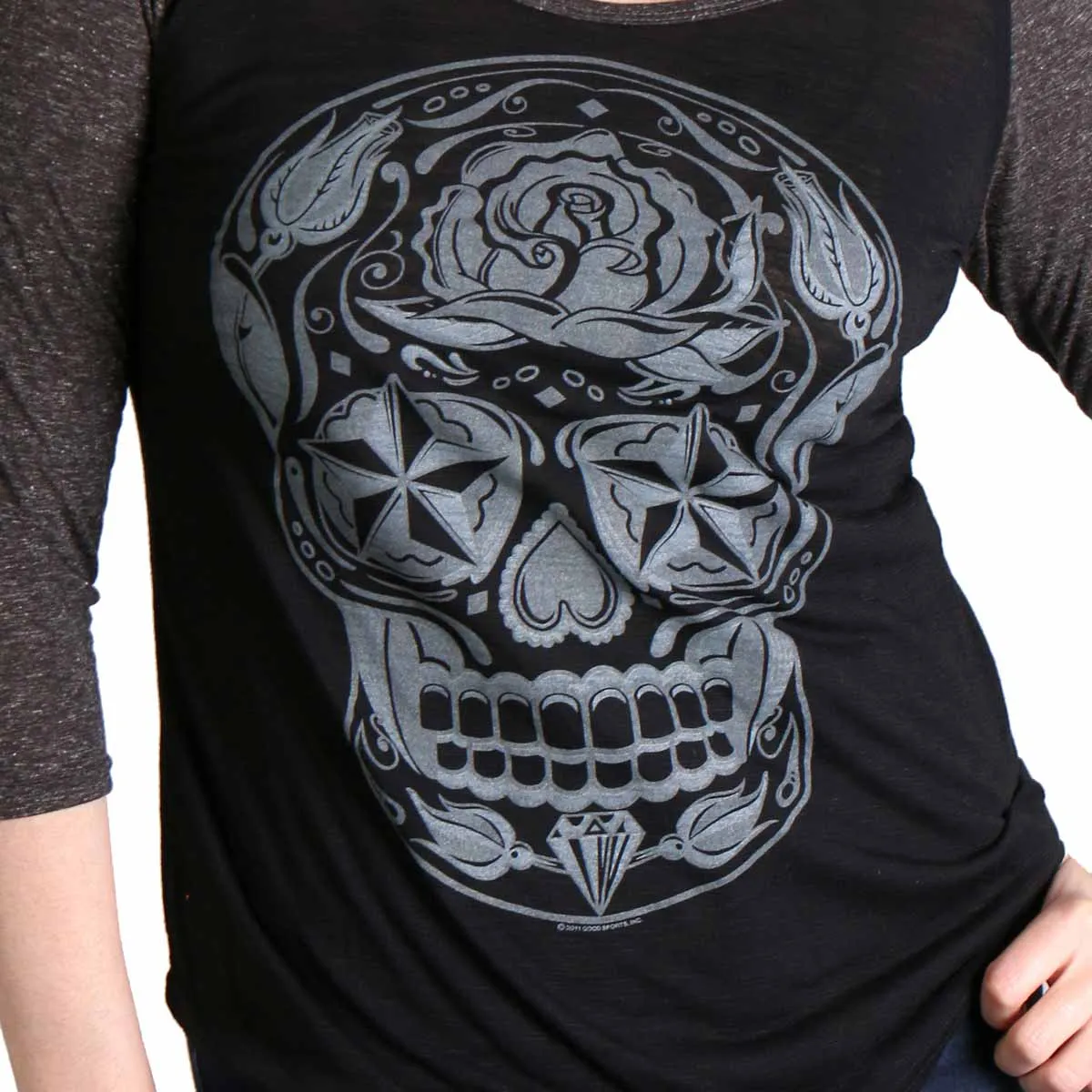 Hot Leathers GLC3352 Sugar Skull Black and Heather Grey 3/4 Sleeve Ladies Shirt