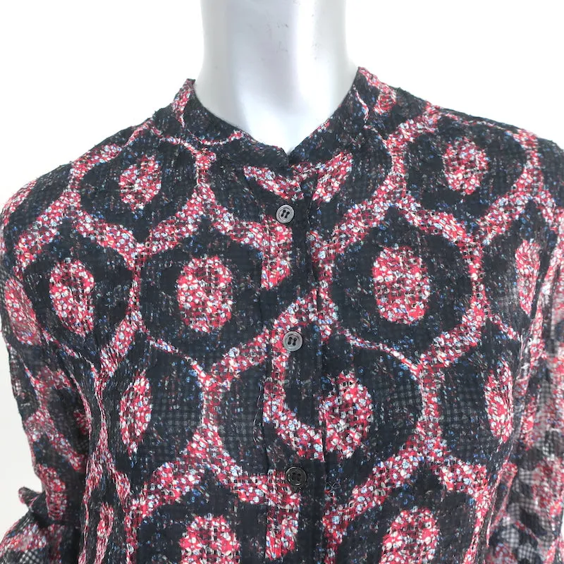 Isabel Marant Blouse Tao Black/Red Ikat Print Silk-Blend Size 36 Long Sleeve Top