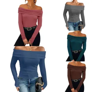 Jazzher leapord halloween outfit Modal Fabric Women's Sexy off-the-Shoulder Top T-shirt Slim-Fit Long Sleeve Bottoming