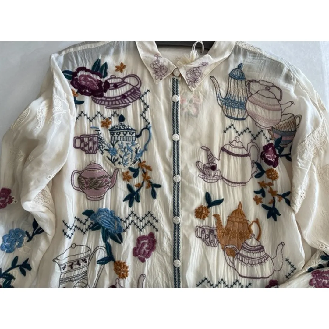 Johnny Was Tea Time Blouse Top Button Shirt Long Embroidery Floral White NEW