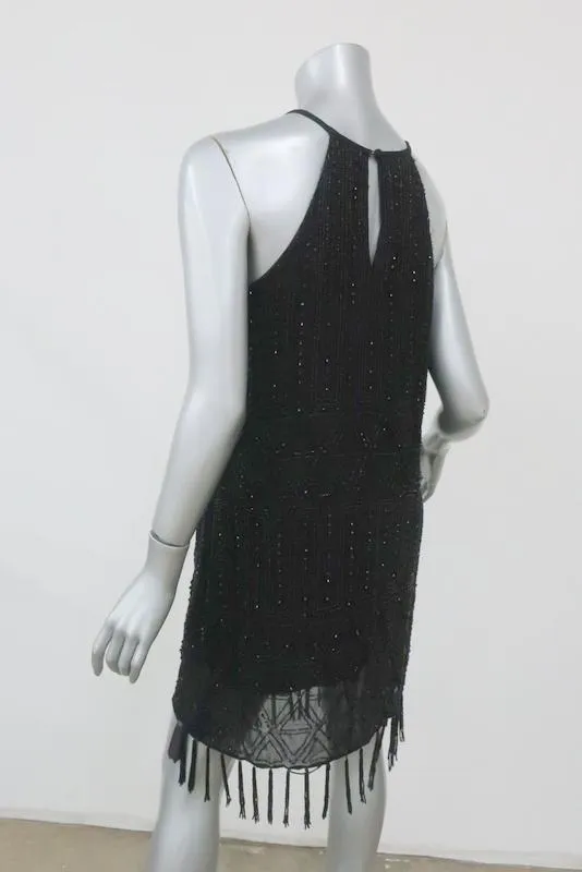 Joie Beaded Fringe Dress Sanibel Black Chiffon Size Medium Sleeveless Shift NEW                     FR - NOT FC