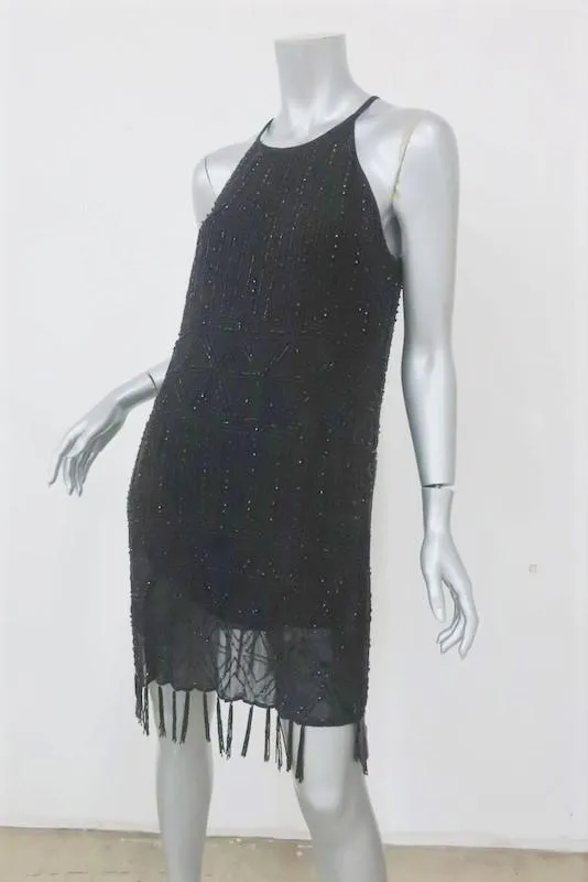 Joie Beaded Fringe Dress Sanibel Black Chiffon Size Medium Sleeveless Shift NEW                     FR - NOT FC