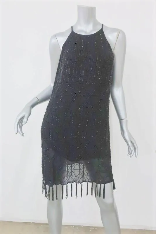 Joie Beaded Fringe Dress Sanibel Black Chiffon Size Medium Sleeveless Shift NEW                     FR - NOT FC