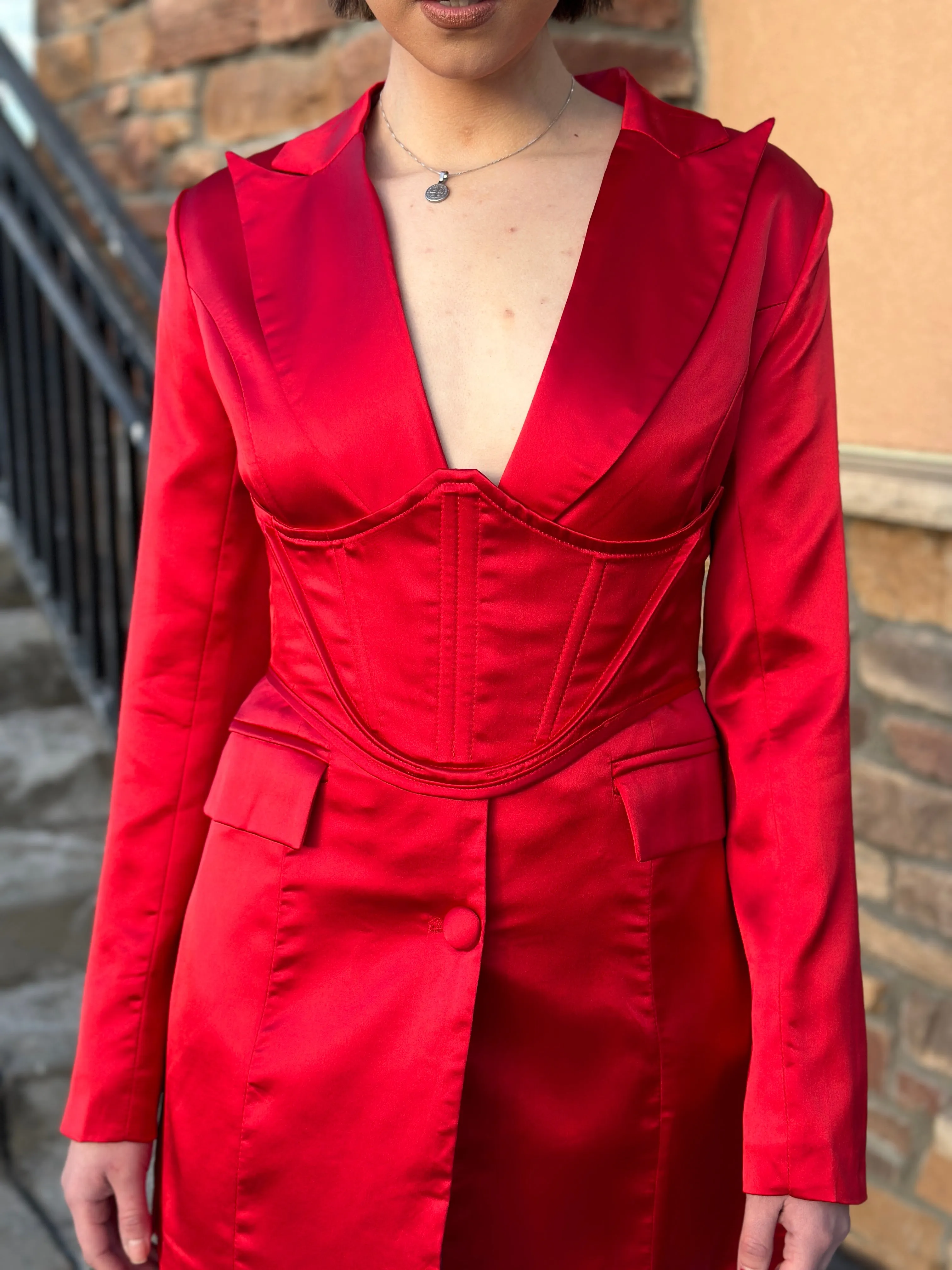 Karol Red Satin Blazer w/ Corset