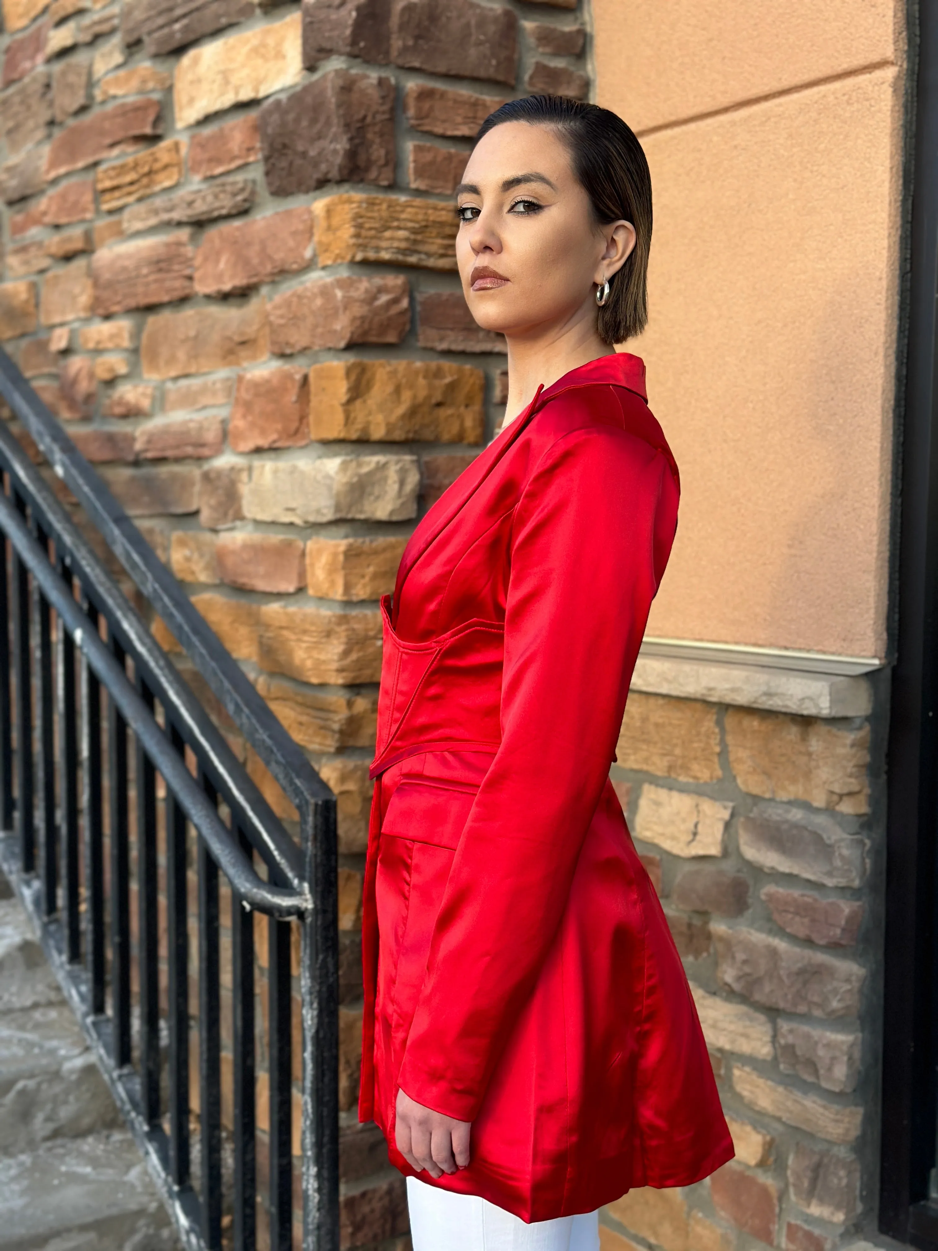 Karol Red Satin Blazer w/ Corset