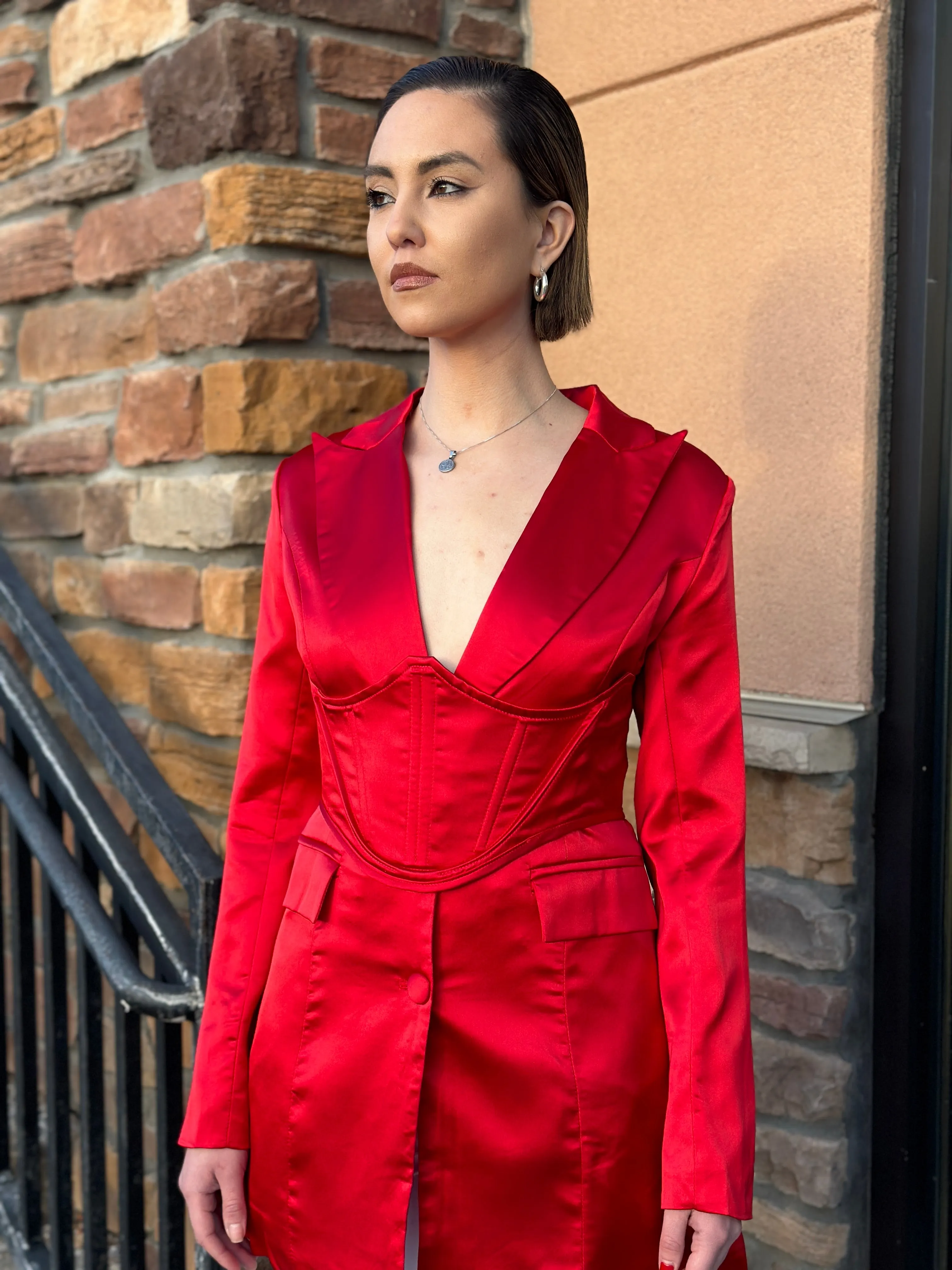 Karol Red Satin Blazer w/ Corset