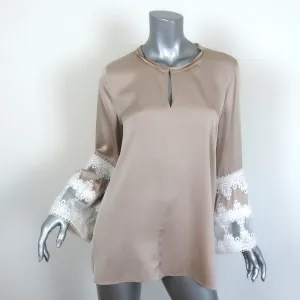 Kobi Halperin Bell Sleeve Blouse Beige Stretch Silk & Cream Lace Size Medium