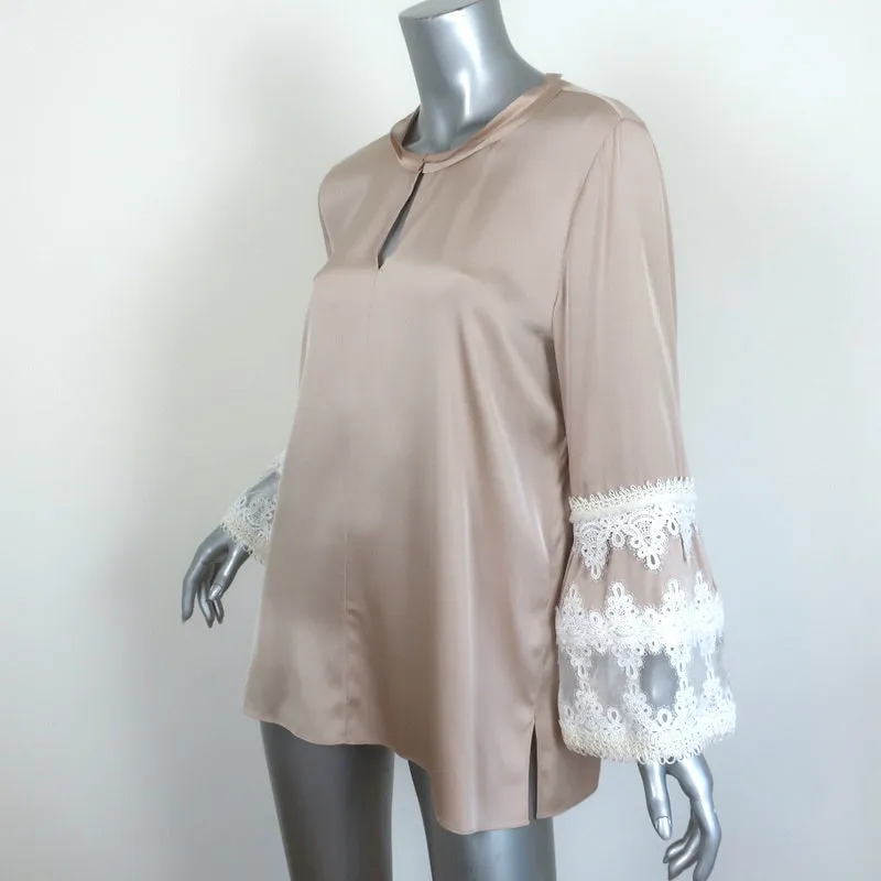 Kobi Halperin Bell Sleeve Blouse Beige Stretch Silk & Cream Lace Size Medium