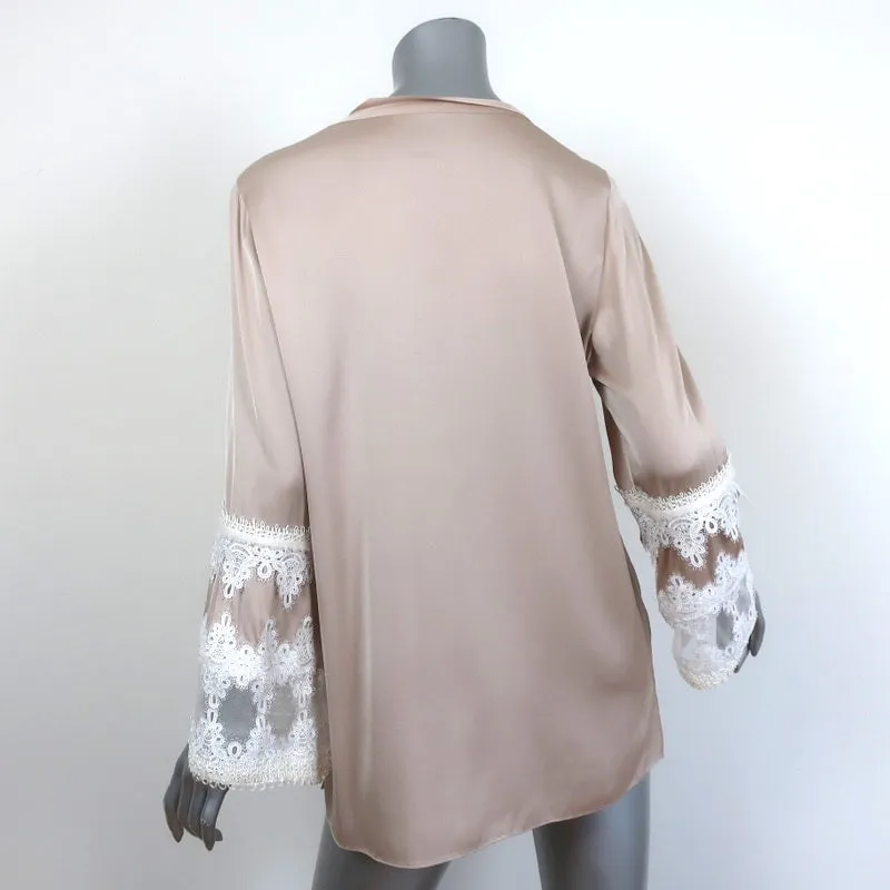 Kobi Halperin Bell Sleeve Blouse Beige Stretch Silk & Cream Lace Size Medium