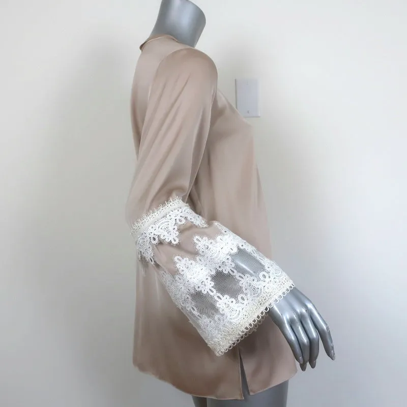 Kobi Halperin Bell Sleeve Blouse Beige Stretch Silk & Cream Lace Size Medium