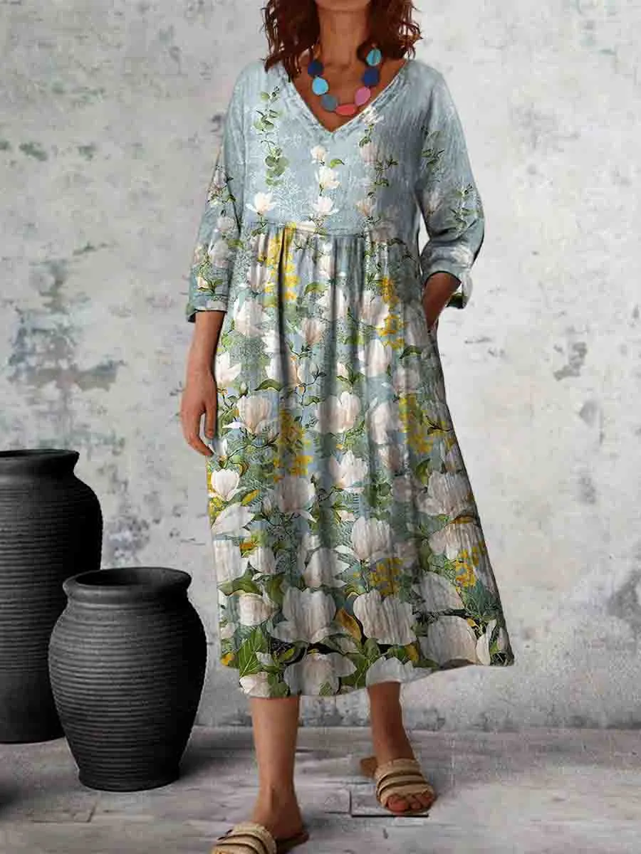 Ladies Position Print V Neck Long Sleeve Cotton Pocket Dress