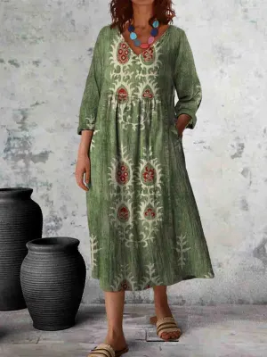 Ladies Position Print V Neck Long Sleeve Cotton Pocket Dress