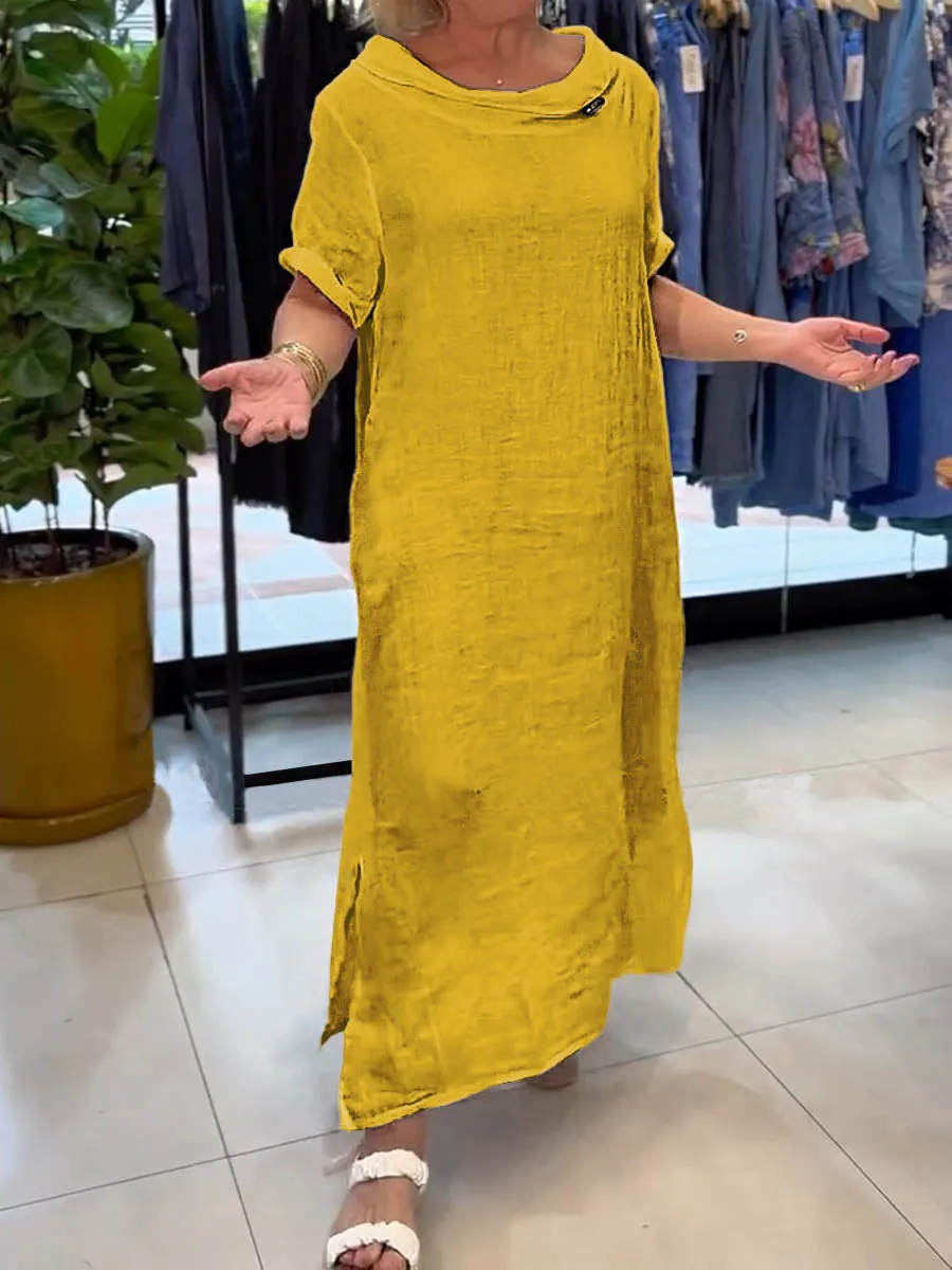 Ladies Solid Color Lapel Short Sleeve Casual Linen Dress