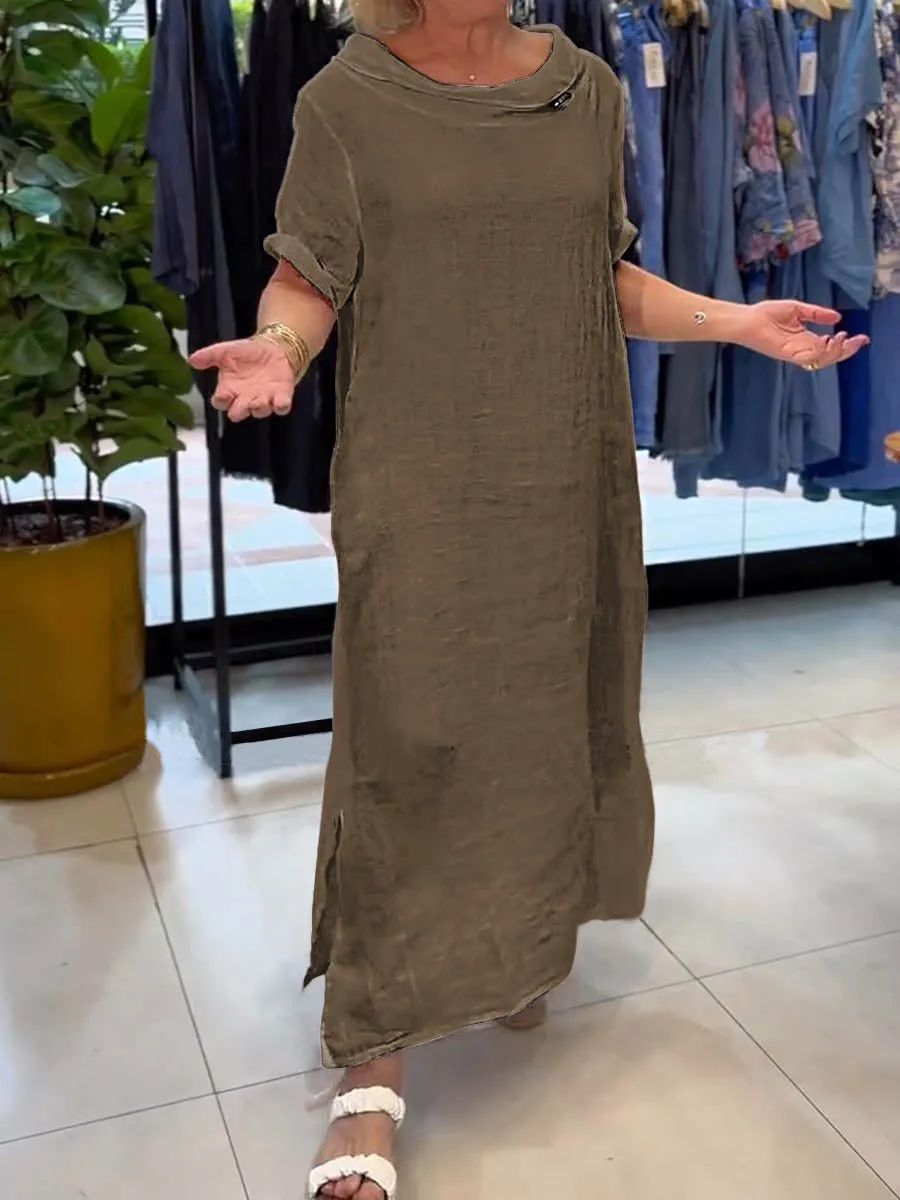 Ladies Solid Color Lapel Short Sleeve Casual Linen Dress