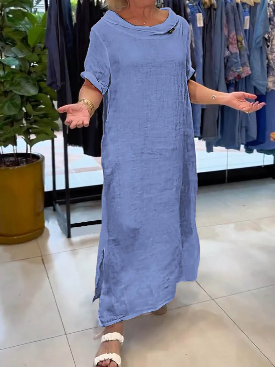 Ladies Solid Color Lapel Short Sleeve Casual Linen Dress