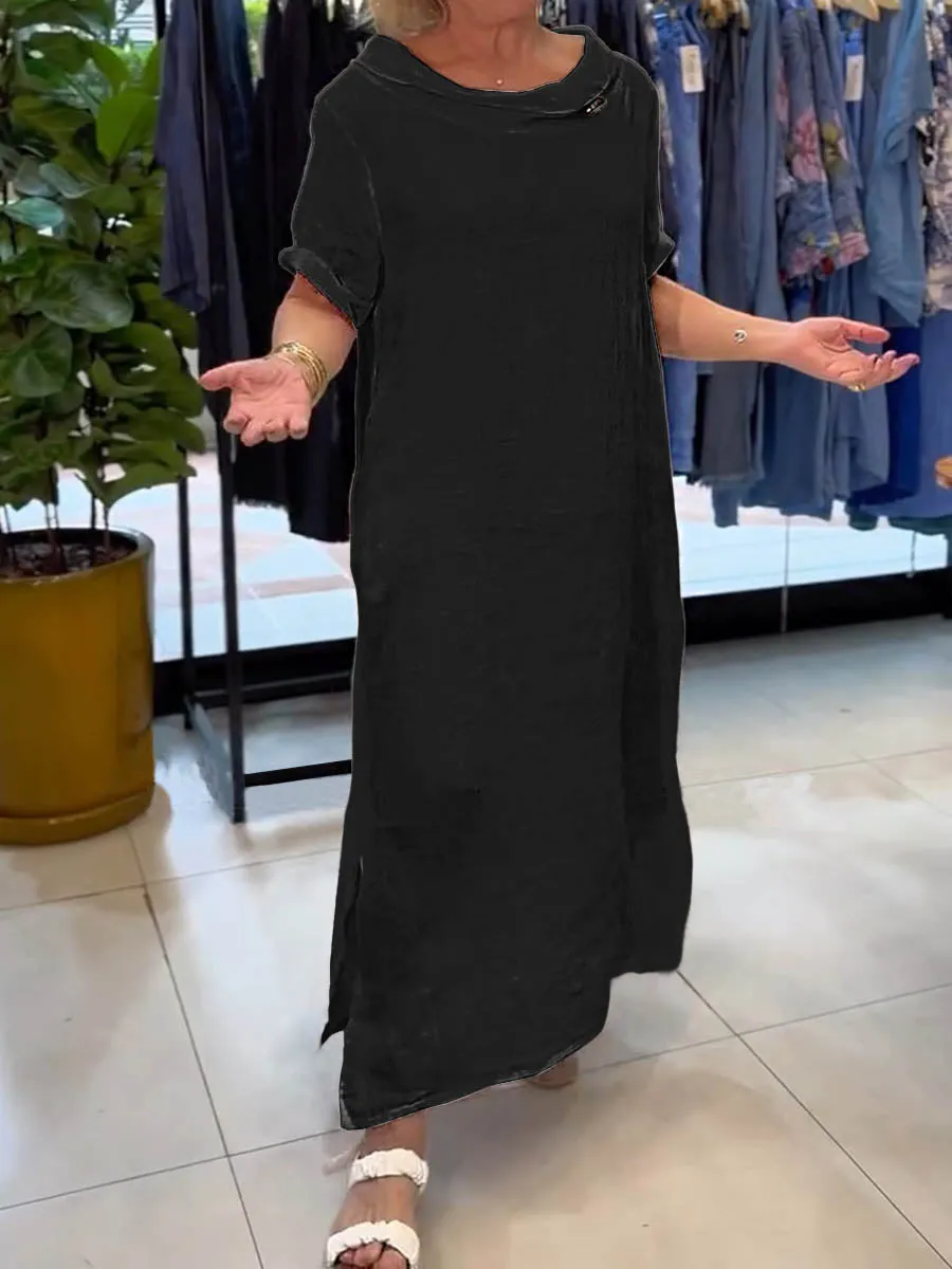 Ladies Solid Color Lapel Short Sleeve Casual Linen Dress