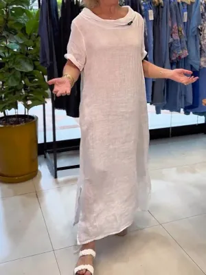 Ladies Solid Color Lapel Short Sleeve Casual Linen Dress