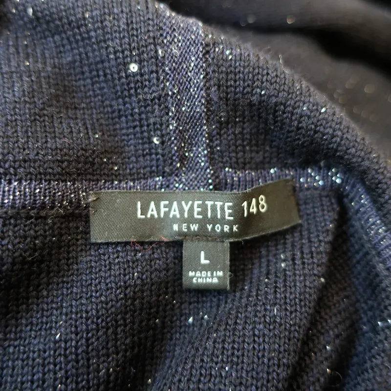 Lafayette 148 Sequin Oversized Hoodie Navy Silk-Wool Size Large Pullover Sweater
