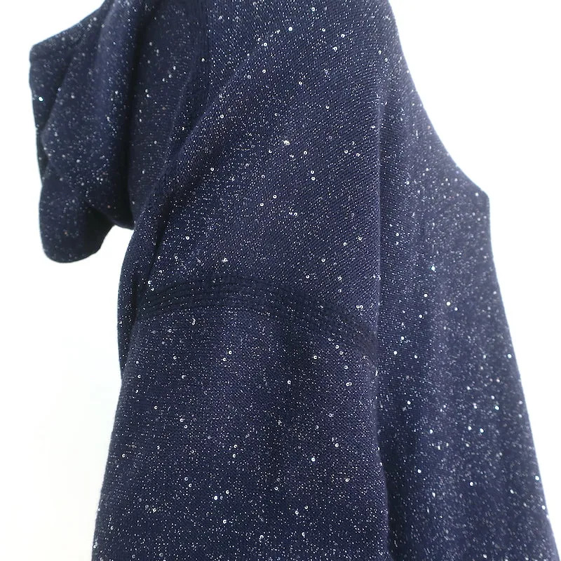 Lafayette 148 Sequin Oversized Hoodie Navy Silk-Wool Size Large Pullover Sweater