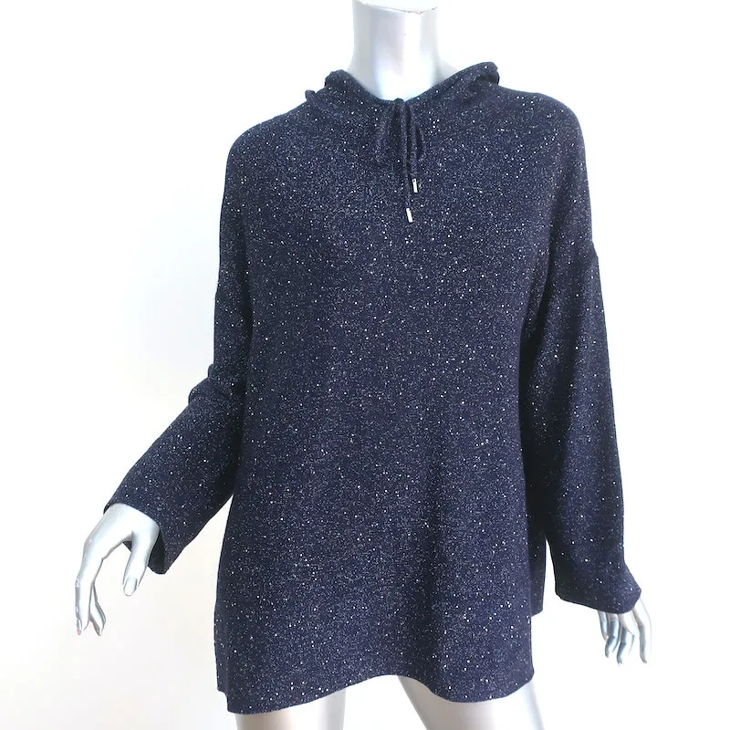 Lafayette 148 Sequin Oversized Hoodie Navy Silk-Wool Size Large Pullover Sweater