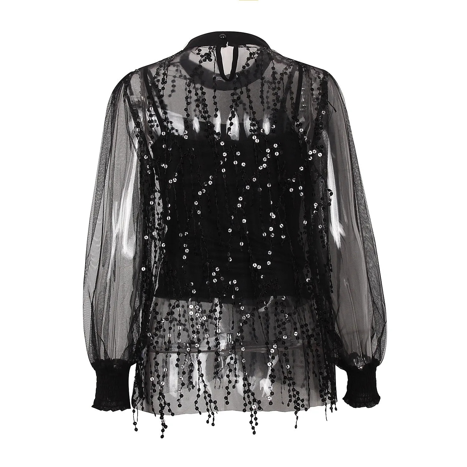 Lantern Sleeve Sparkly Chiffon Lace Sequin Shirt Tops