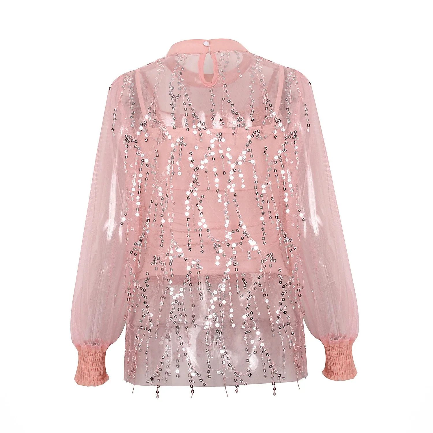 Lantern Sleeve Sparkly Chiffon Lace Sequin Shirt Tops