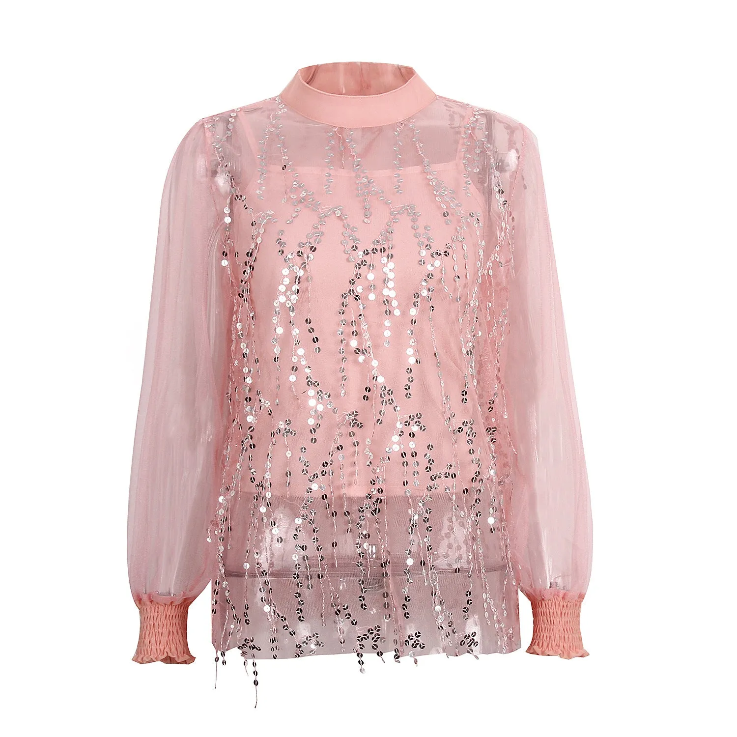 Lantern Sleeve Sparkly Chiffon Lace Sequin Shirt Tops