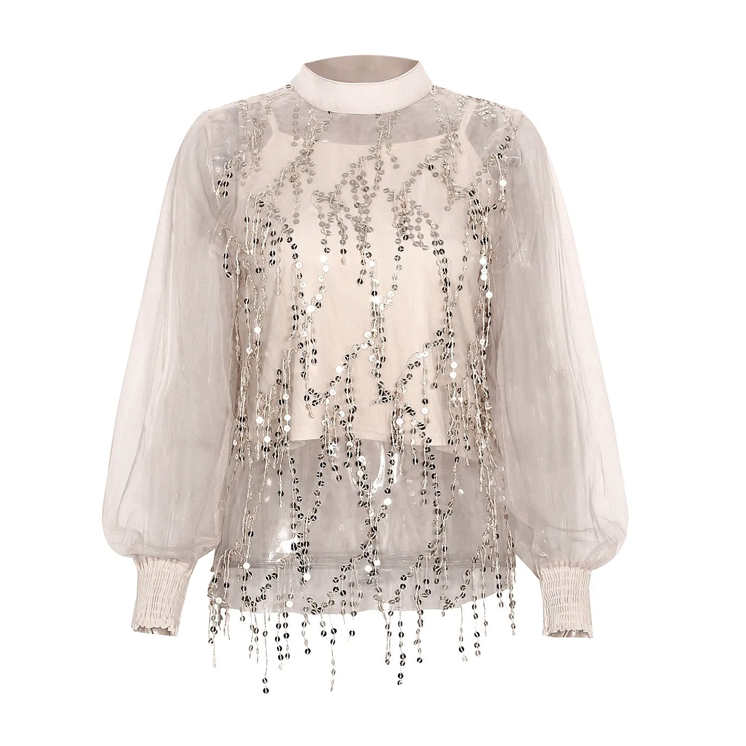 Lantern Sleeve Sparkly Chiffon Lace Sequin Shirt Tops