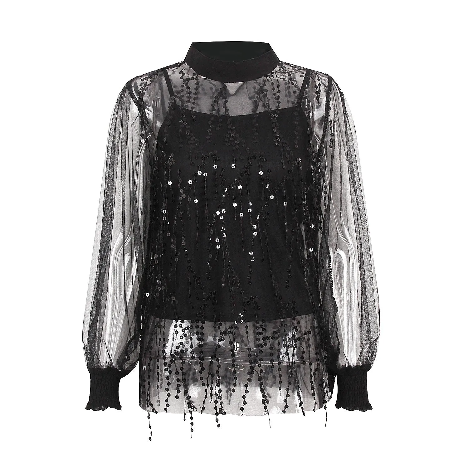 Lantern Sleeve Sparkly Chiffon Lace Sequin Shirt Tops