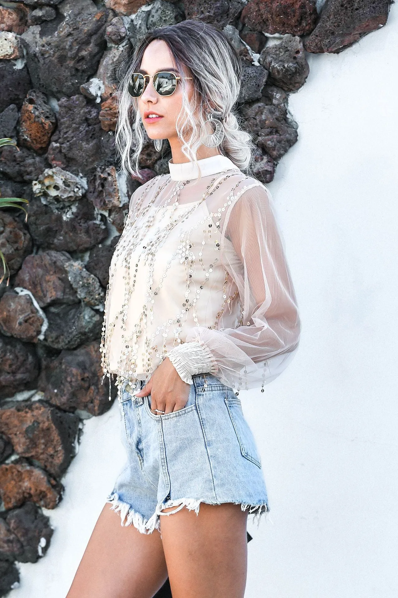 Lantern Sleeve Sparkly Chiffon Lace Sequin Shirt Tops