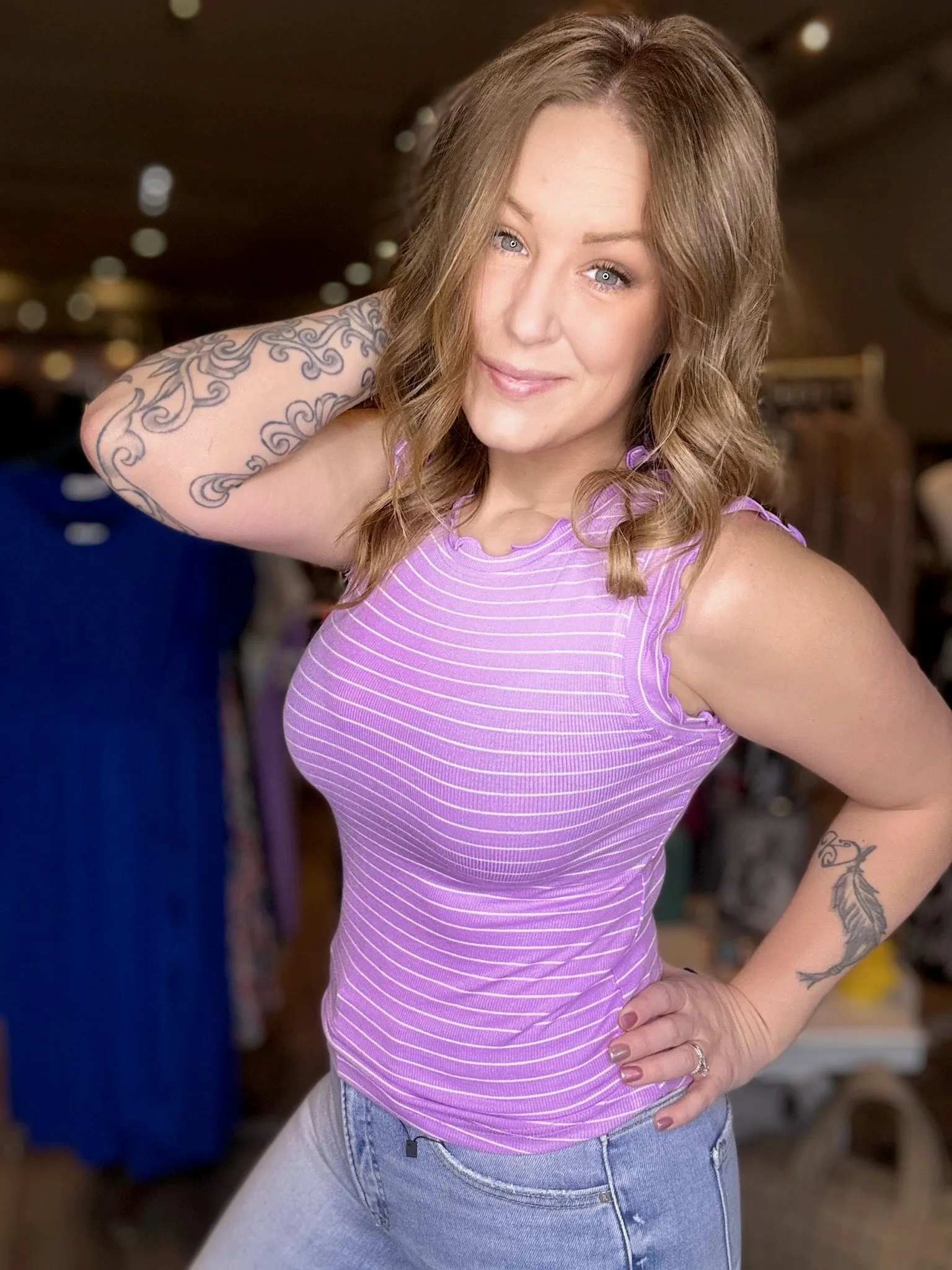 Lavender Ruffle Sleeveless Stripe Top