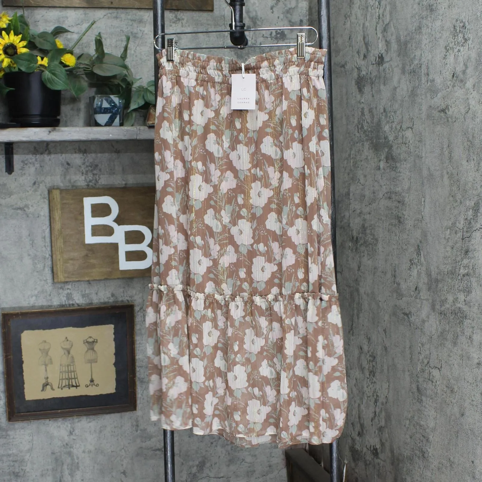 Lc Lauren Conrad Women's Smocked Flounce Midi Skirt WL24Y013RP