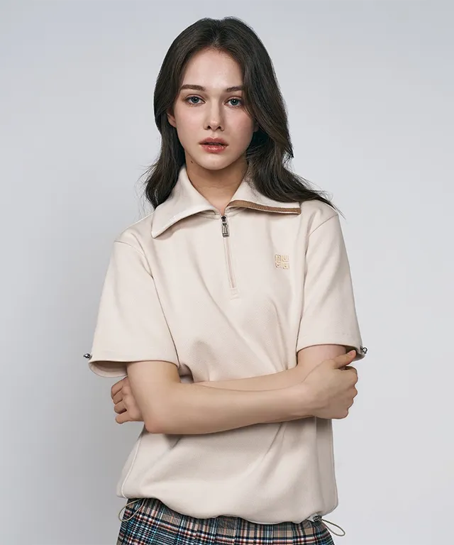 LENUCU Half Zip-Up Short Sleeve T-Shirt - Ivory